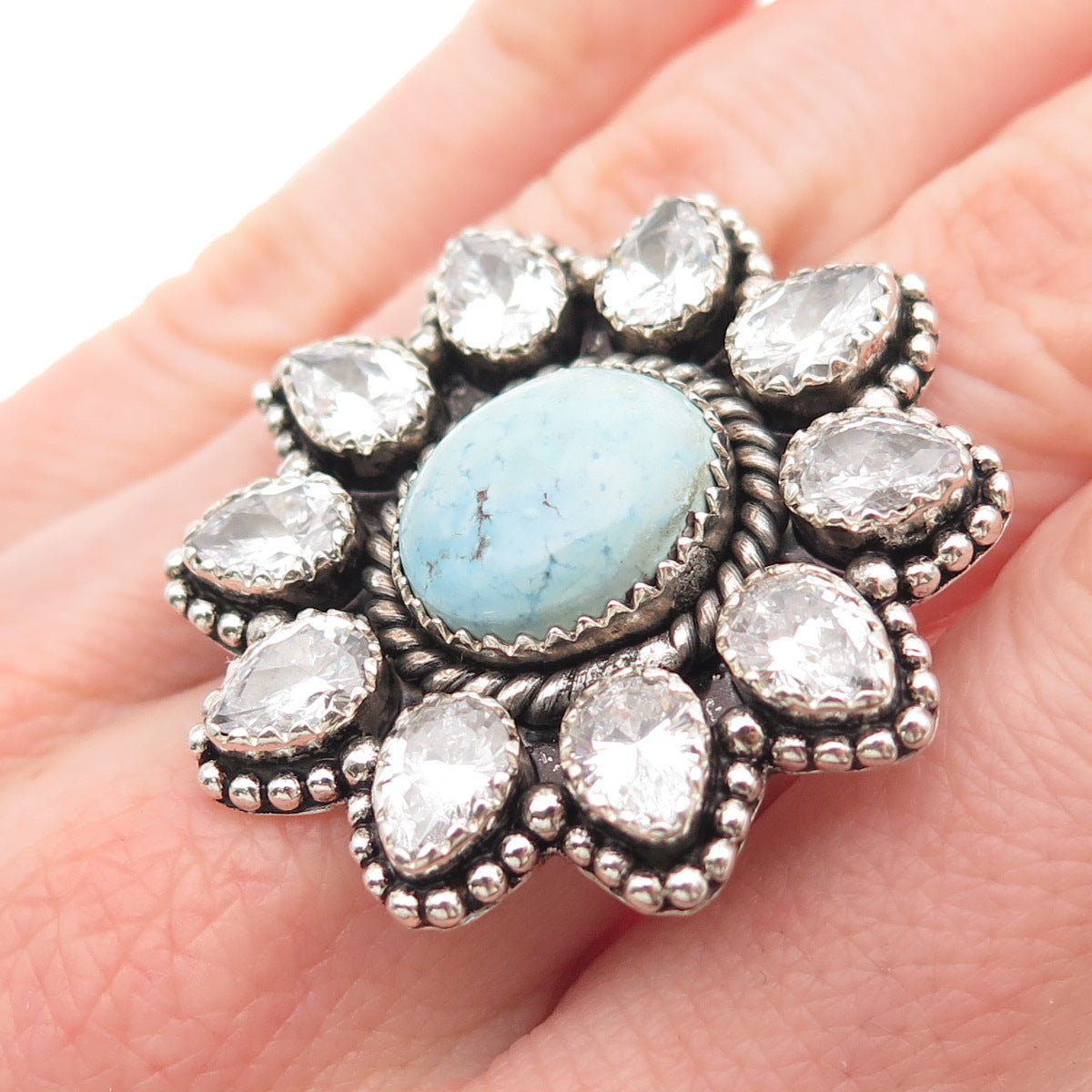 925 Sterling Vintage Real Turquoise & C Z Statement Adjustable Ring Size 7.5