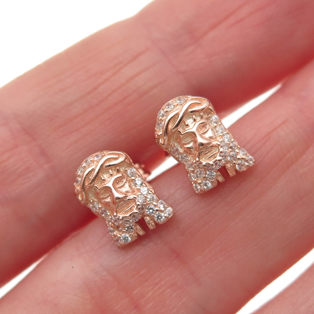 925 Sterling Silver Rose Gold Plated Round-Cut C Z Jesus Stud Earrings