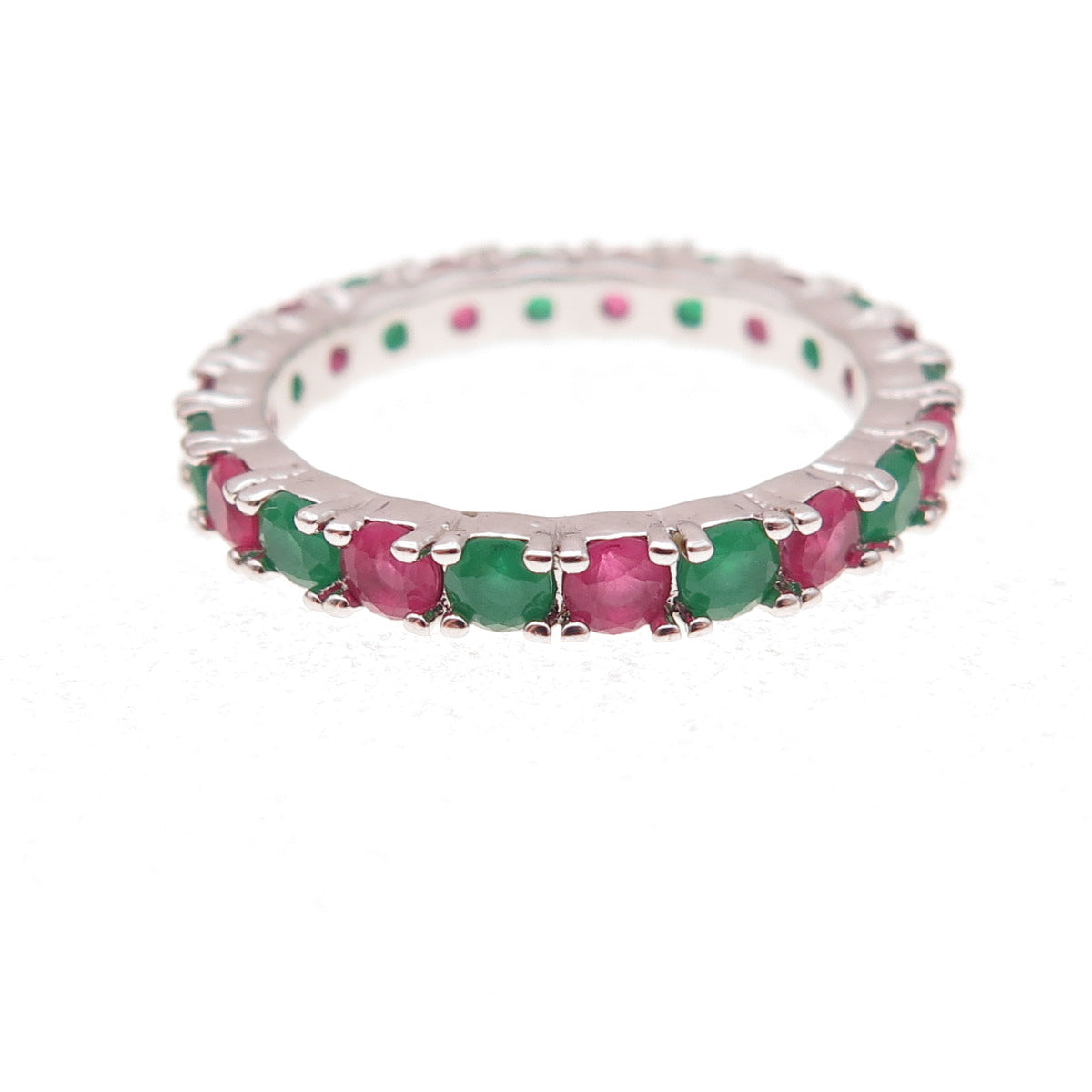 925 Sterling Silver Real Green & Pink Chalcedony Eternity Band Ring Size 7