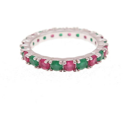 925 Sterling Silver Real Green & Pink Chalcedony Eternity Band Ring Size 7