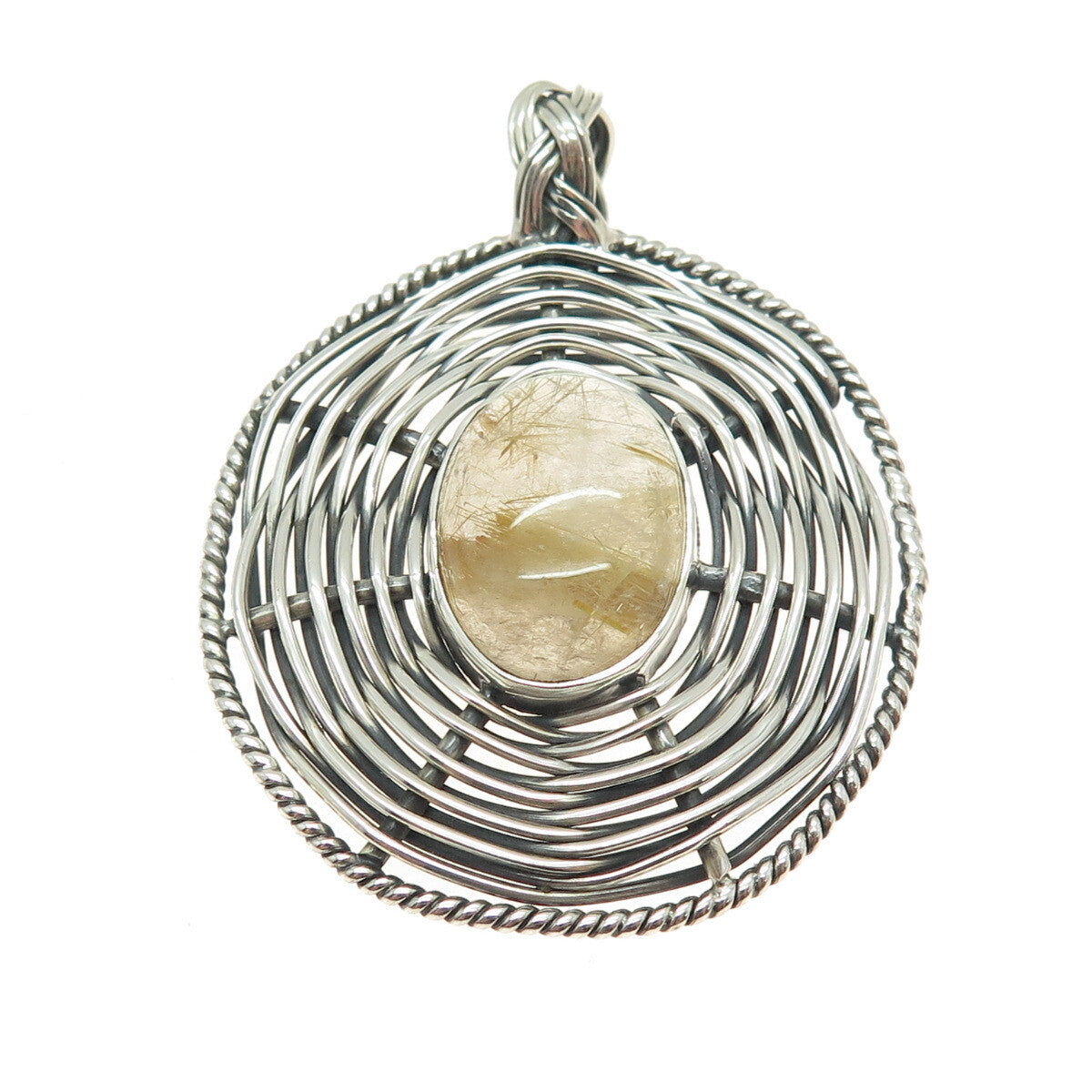 925 Sterling Silver Vintage Rutilated Quartz Modernist Wicker Oxidized Pendant