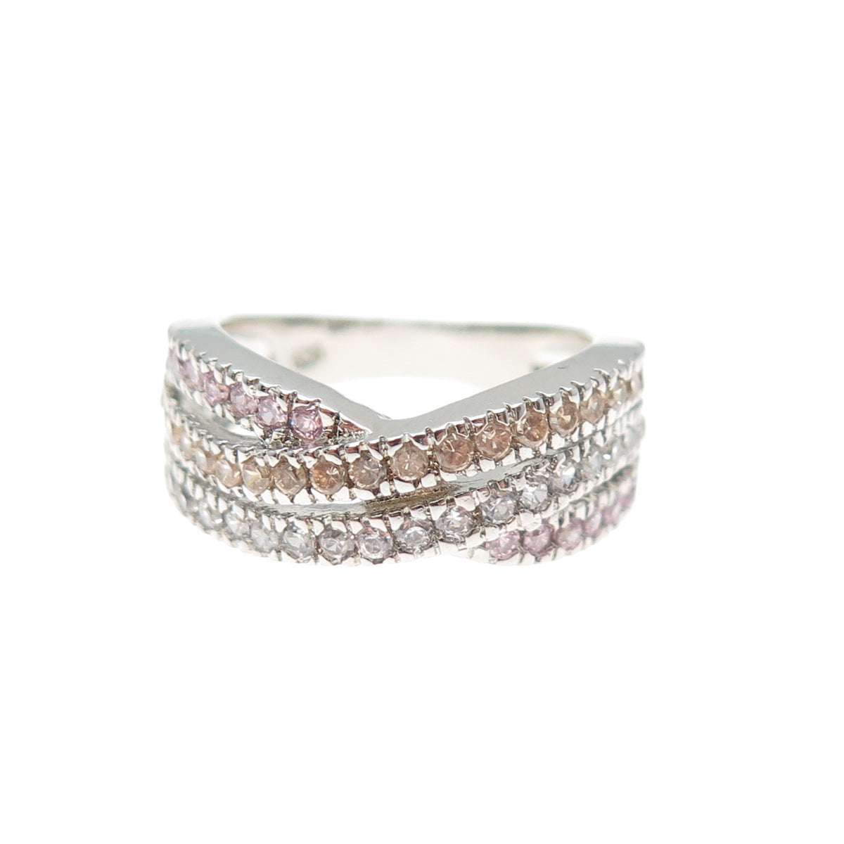 925 Sterling Silver Round-Cut Champagne White & Pink C Z Crisscross Ring Size 6