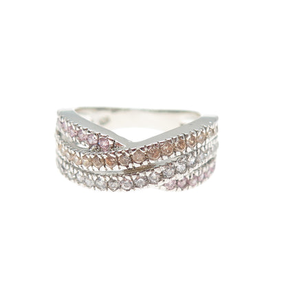 925 Sterling Silver Round-Cut Champagne White & Pink C Z Crisscross Ring Size 6