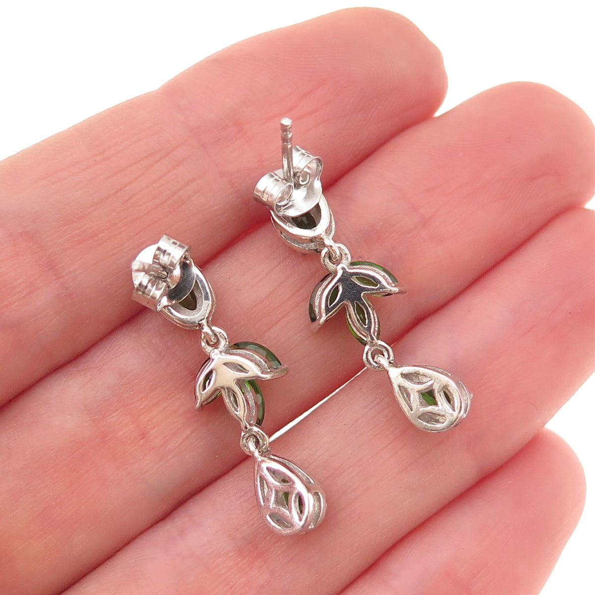 Chuck Clemency 925 Sterling Silver Real Peridot Floral Dangle Earrings