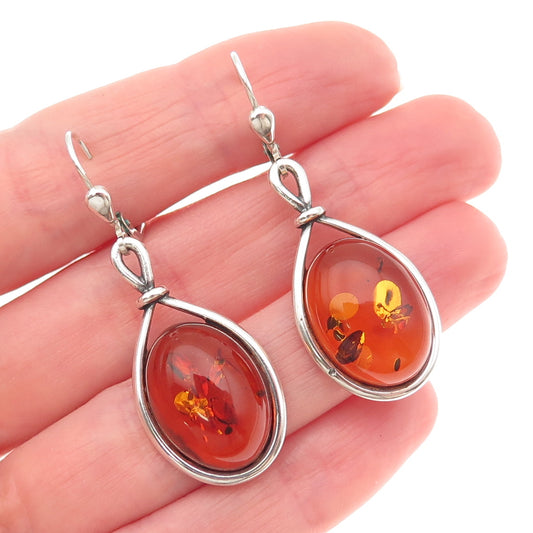 925 Sterling Silver Vintage Real Amber Modernist Dangle Earrings