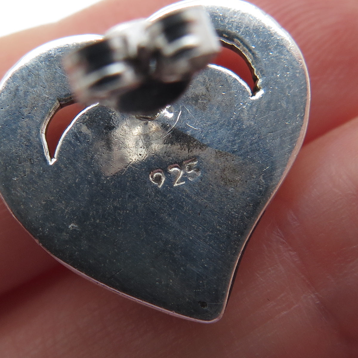 925 Sterling Silver Vintage Modernist Heart Oxidized Stud Earrings
