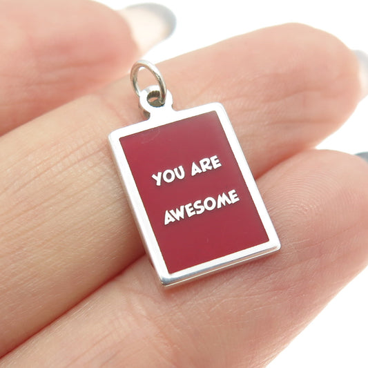 925 Sterling Silver Red Enamel "You Are Awesome" Minimalist Charm Pendant