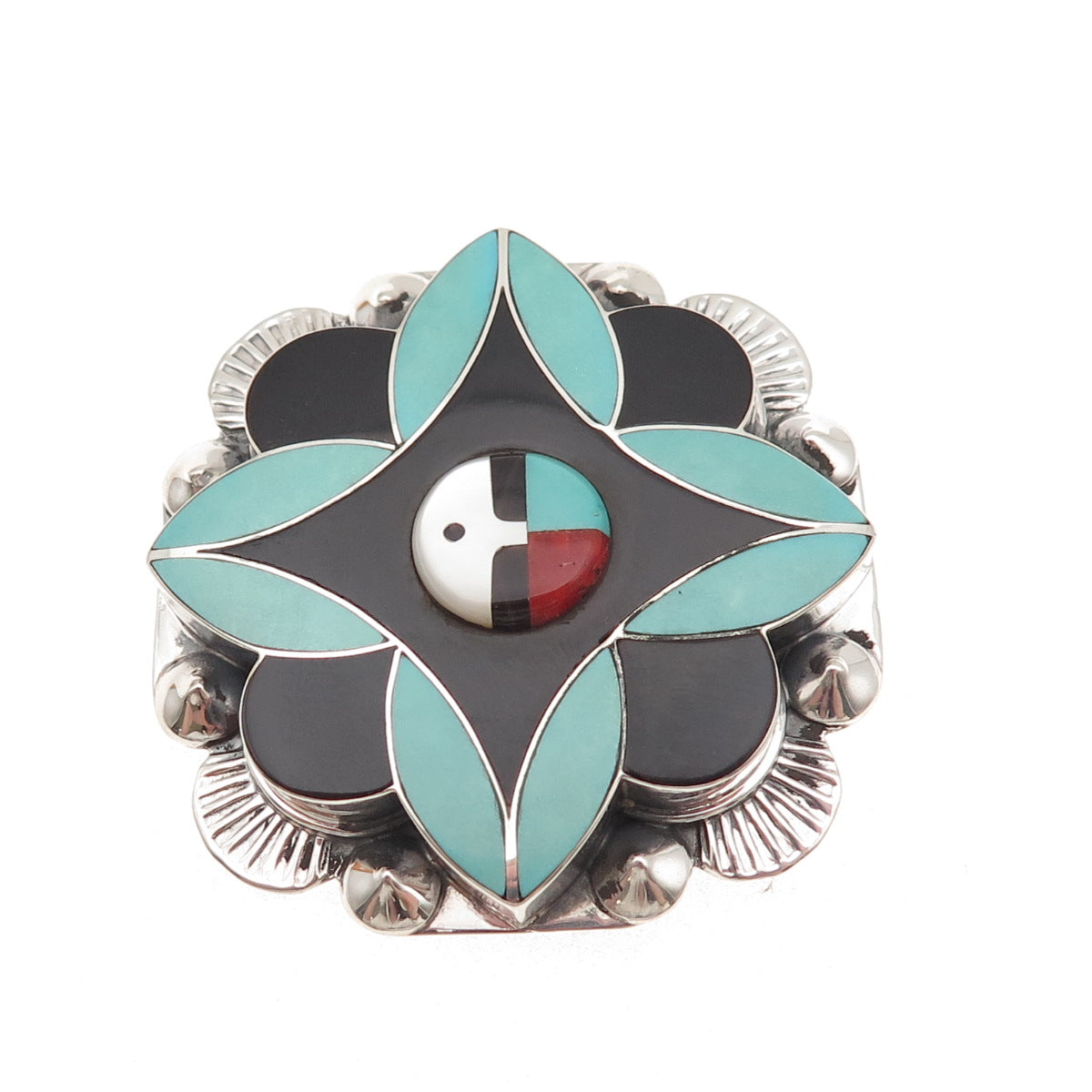 Yolanda Laate Zuni Old Pawn Sterling Vintage Multi-Gem God Pin Brooch / Pendant