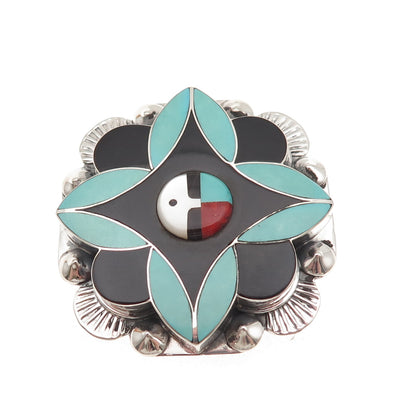 Yolanda Laate Zuni Old Pawn Sterling Vintage Multi-Gem God Pin Brooch / Pendant