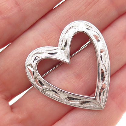 925 Sterling Silver Antique Art Deco Engraved Heart Pin Brooch