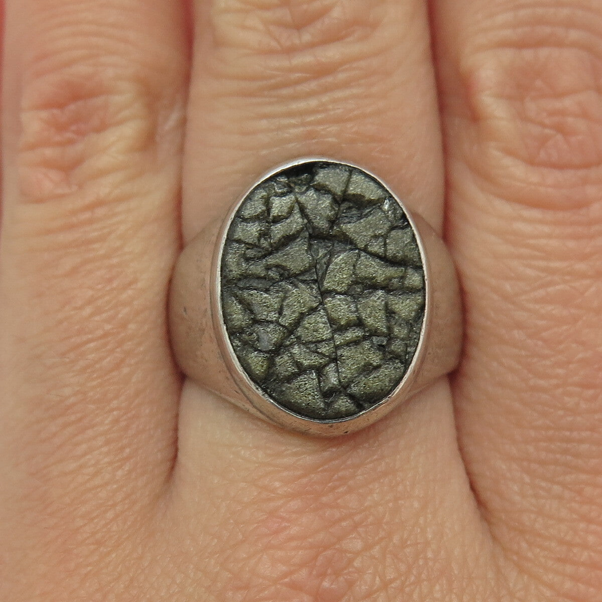 925 Sterling Silver Vintage Real Green Serpentine Inlay Signet Ring Size 8.75