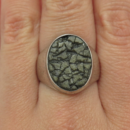 925 Sterling Silver Vintage Real Green Serpentine Inlay Signet Ring Size 8.75