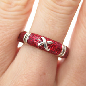 925 Sterling Silver 2-Tone Vintage Red Enamel X Band Ring Size 7.25