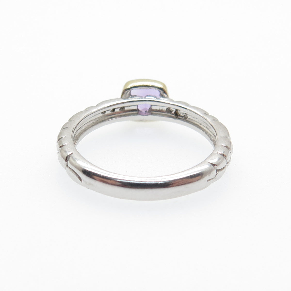 925 Sterling Silver 2-Tone Real Diamond & Amethyst Ring Size 6.75