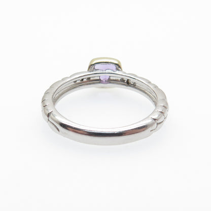 925 Sterling Silver 2-Tone Real Diamond & Amethyst Ring Size 6.75