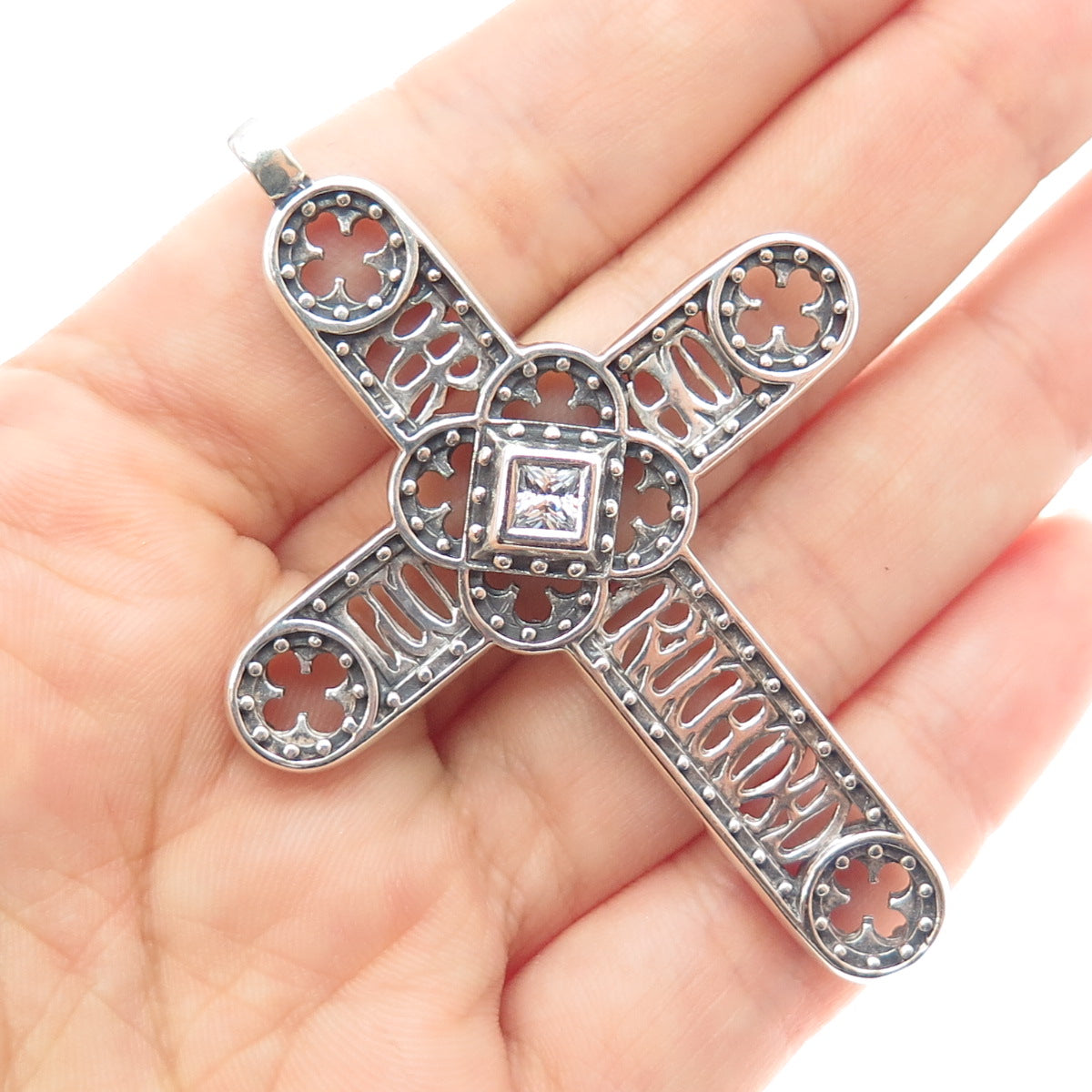 925 Sterling Silver Vintage Princess-Cut C Z Cross Oxidized Slide Pendant