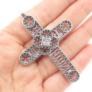 925 Sterling Silver Vintage Princess-Cut C Z Cross Oxidized Slide Pendant