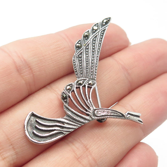925 Sterling Silver Vintage Real Marcasite Gemstone Flying Bird Pin Brooch
