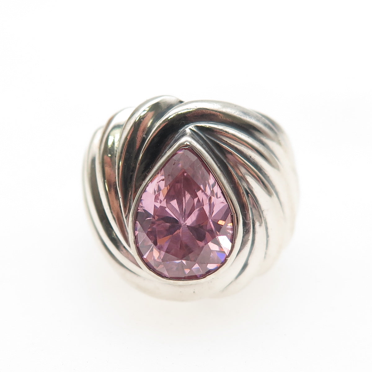 925 Sterling Silver Vintage Pear-Cut Pink C Z Modernist Oxidized Ring Size 6.5