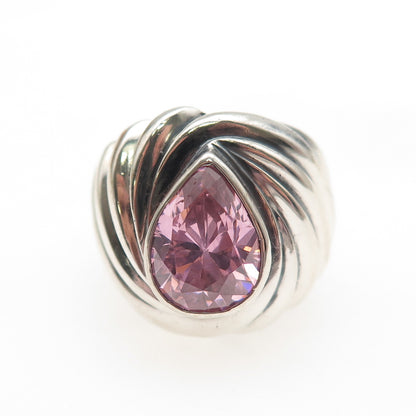 925 Sterling Silver Vintage Pear-Cut Pink C Z Modernist Oxidized Ring Size 6.5