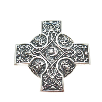 925 Sterling Silver Vintage Deer Moon Runic Cross Oxidized Pendant