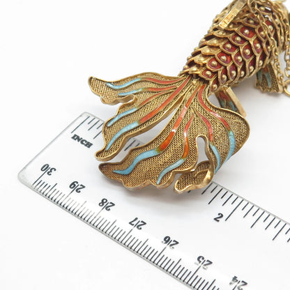 925 Sterling Silver Gold Plated Antique Enamel Chinese Koi Fish Chatelaine Fob