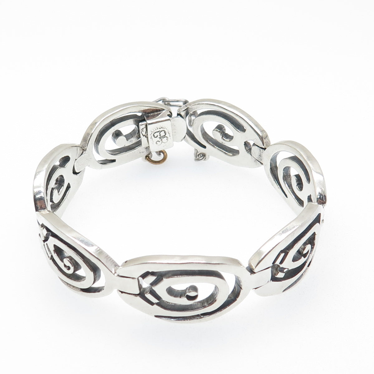 925 Sterling Silver Vintage Mexico Aztec Spiral Panel Link Bracelet 6.75"
