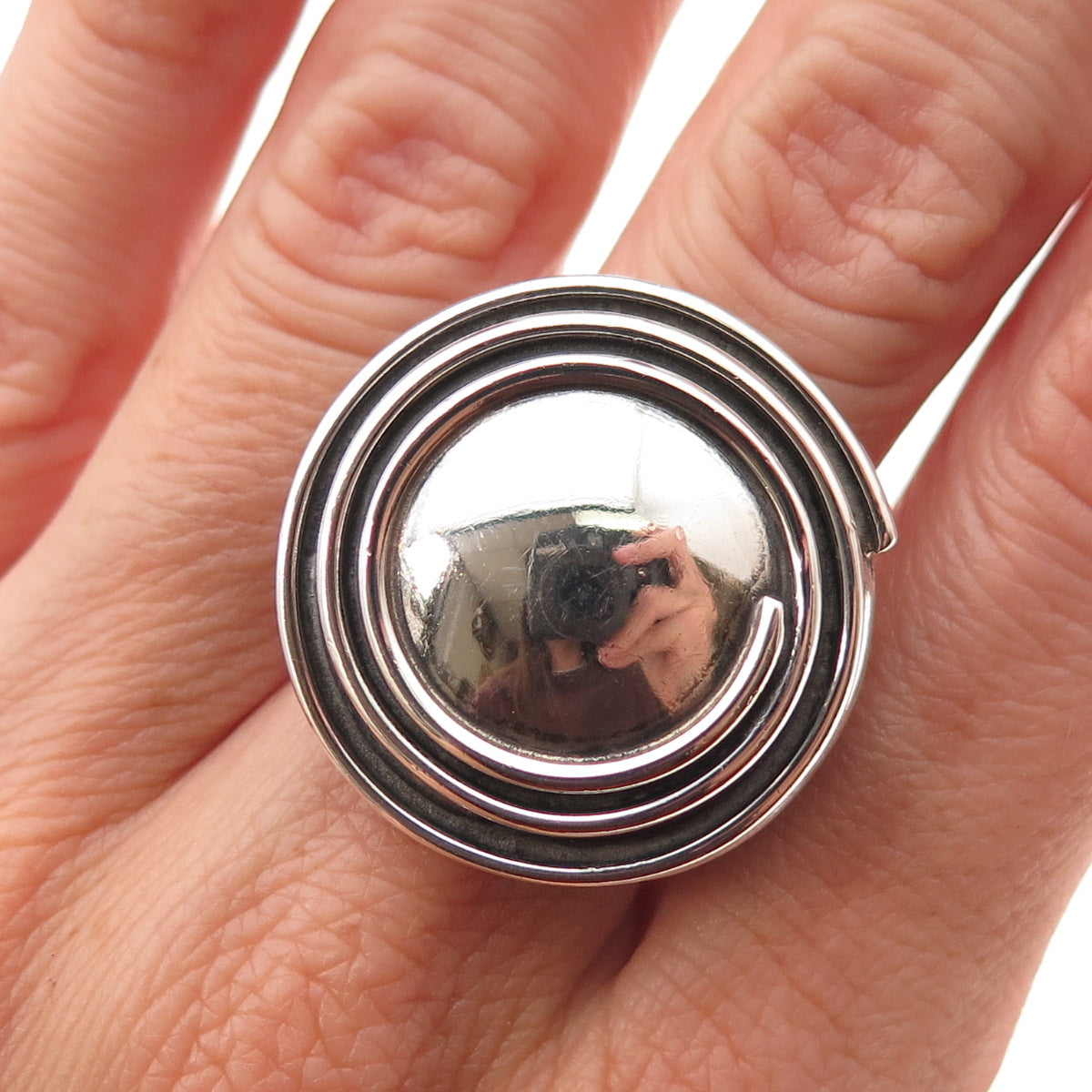 950 Silver Vintage Modernist Spiral Disc Oxidized Ring Size 8