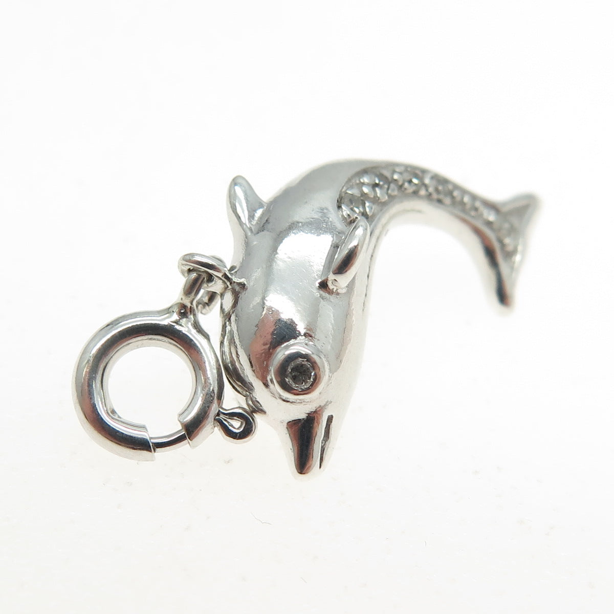 925 Sterling Silver Real Round-Cut Diamond Dolphin Spring Ring Lock Pendant