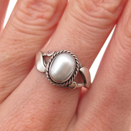 925 Sterling Silver Vintage Real Pearl Floral Oxidized Ring Size 7.5