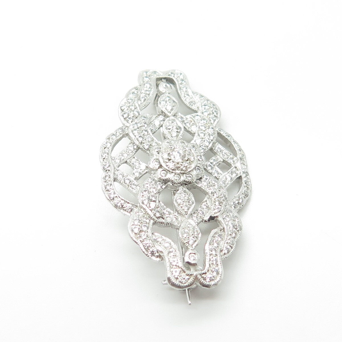 925 Sterling Silver White C Z Floral Vines Pin Brooch