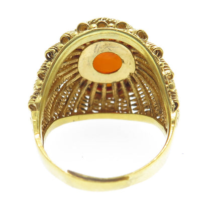 925 Sterling Gold Plated Antique Red Amber Spring Adjustable Ring Size 9.5