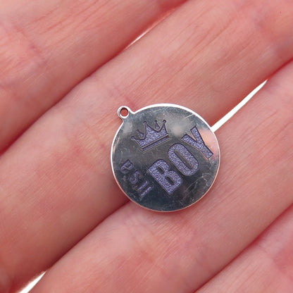 925 Sterling Silver Purple Enamel It's A Boy Round Tag Charm Pendant