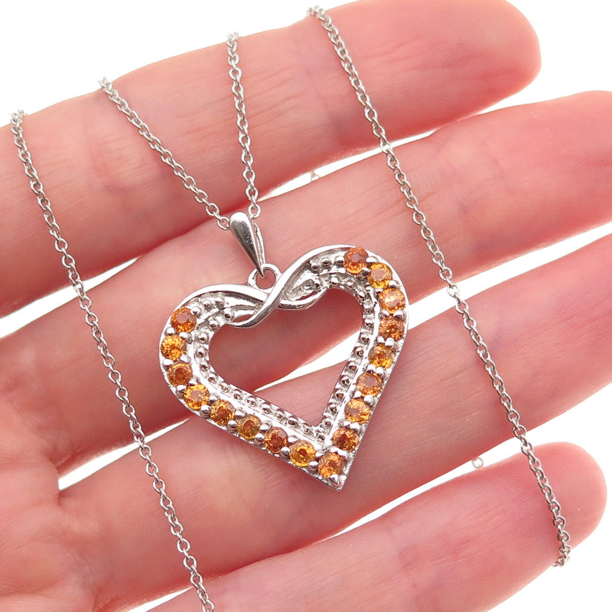 925 Sterling Silver Vintage Real Yellow Topaz Heart Cable Chain Necklace 18"