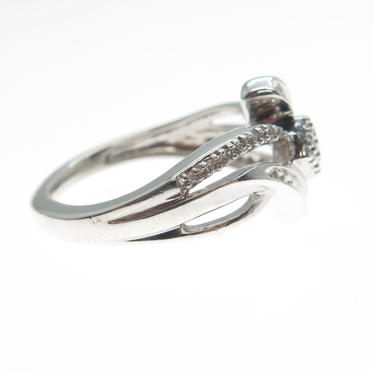 SUN 925 Sterling Silver Real Round-Cut Diamond Bypass Promise Ring Size 7