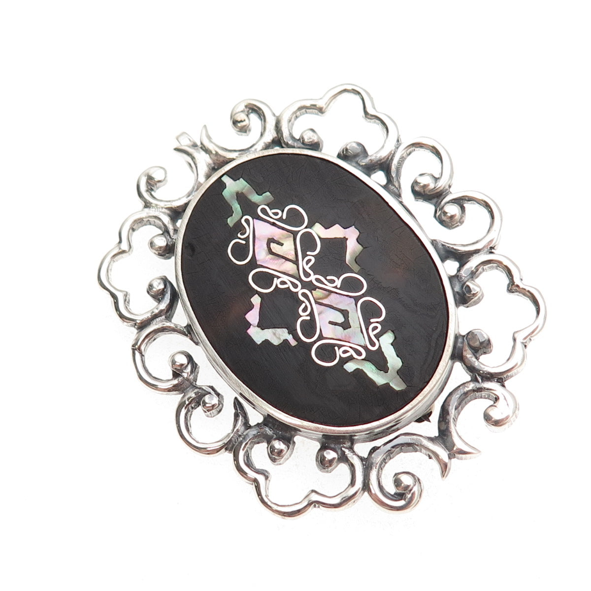 925 Sterling Silver Vintage PGG Mexico Real MOP Ornate Pin Brooch / Pendant