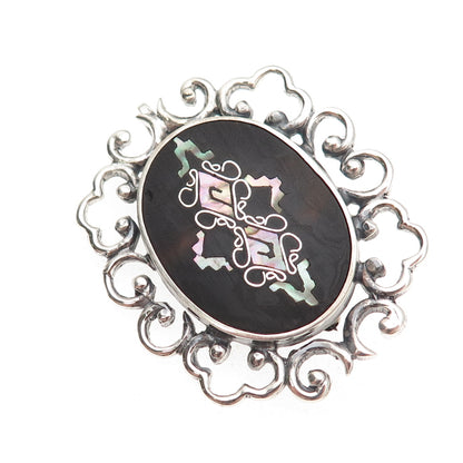 925 Sterling Silver Vintage PGG Mexico Real MOP Ornate Pin Brooch / Pendant