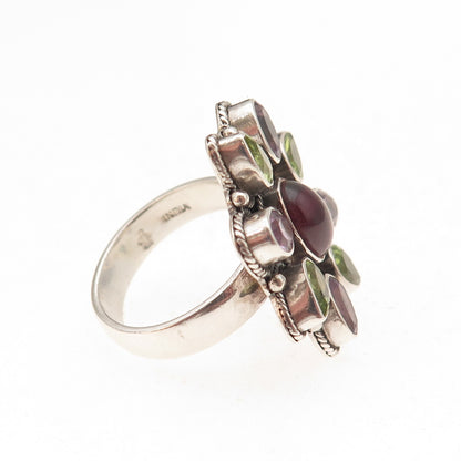Doug Paulus 925 Sterling Vintage Real Rhodolite Amethyst Peridot Ring Size 7.25