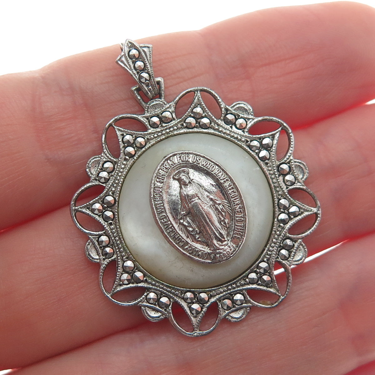 925 Sterling Silver Antique Real MOP & Marcasite Gem St. Mary Religious Pendant