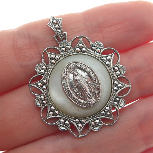 925 Sterling Silver Antique Real MOP & Marcasite Gem St. Mary Religious Pendant