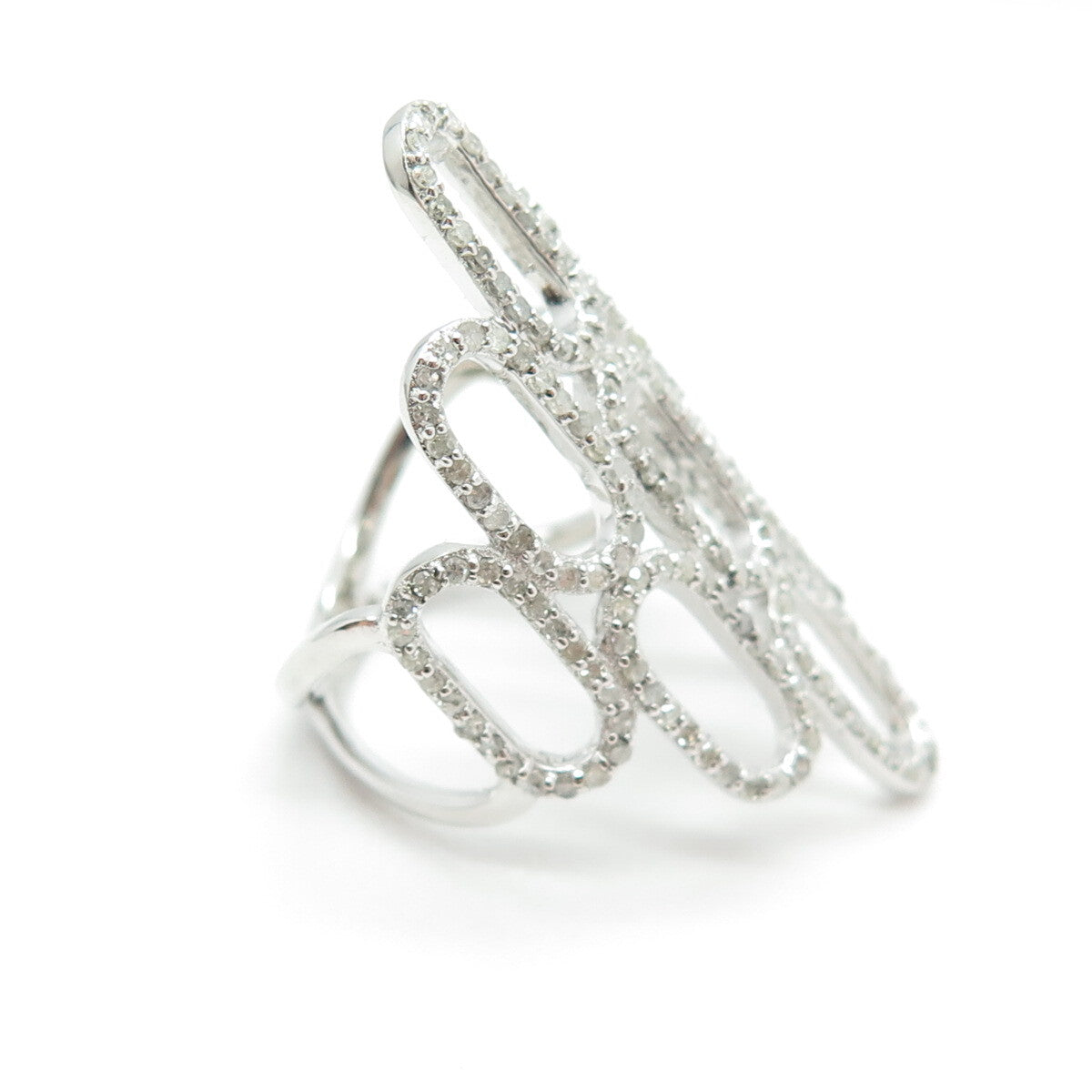925 Sterling Silver Real Round-Cut Diamond Oval Link Ring Size 7
