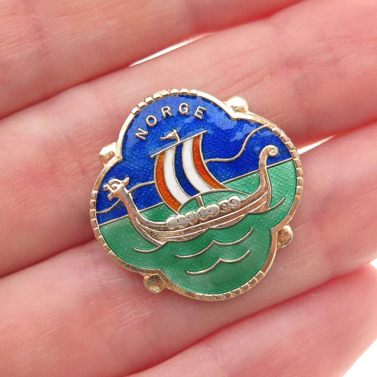 OF Hjortdahl 925S Sterling Gold Plated Vintage Norway Enamel Viking Ship Brooch