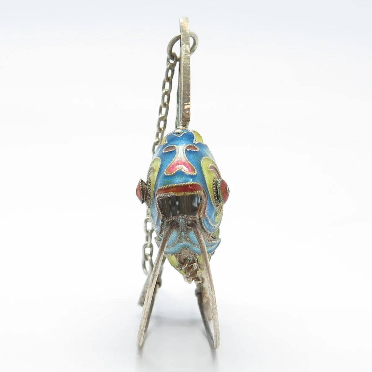 925 Sterling Silver Antique Enamel Chinese Fish Articulated Chatelaine Fob