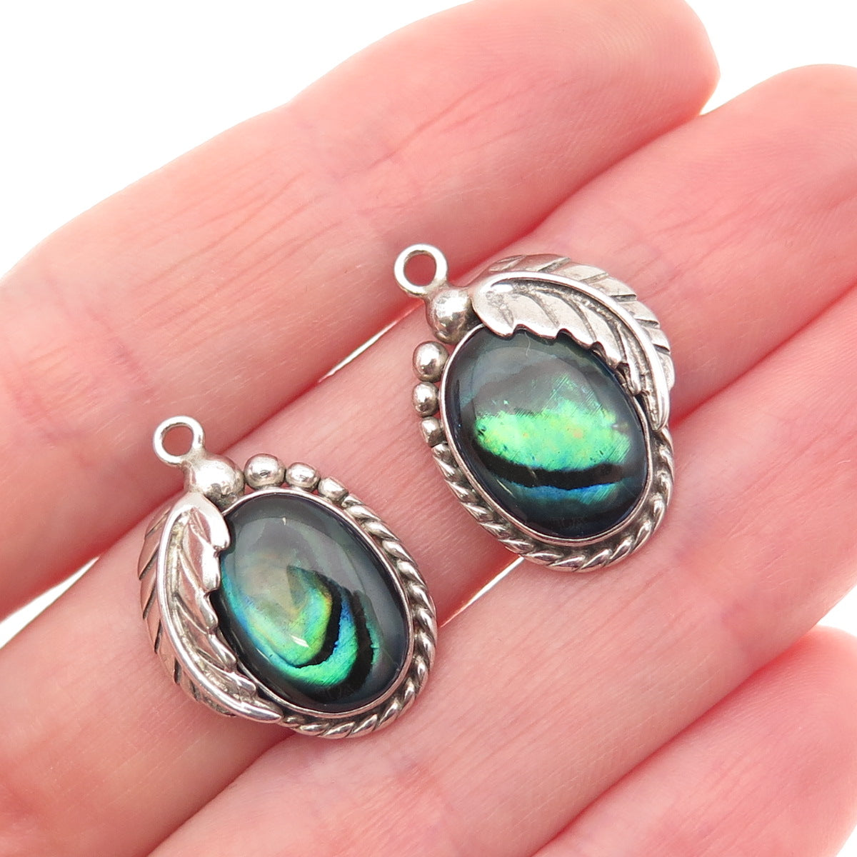 Guss Old Pawn 925 Sterling Silver Vintage Abalone Shell Feather Jacket Earrings