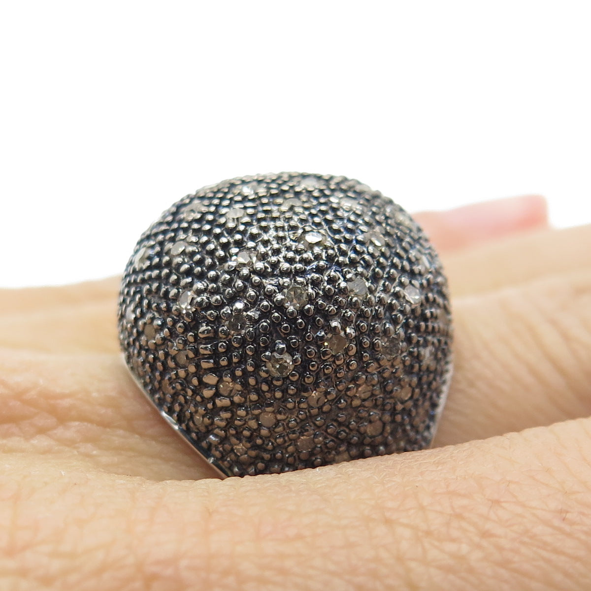 925 Sterling Silver Real Round-Cut Diamond Domed Ring Size 8.25