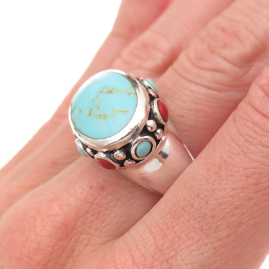 Ken Crafts 925 Sterling Silver Vintage Real Turquoise & Coral Ring Size 6.75