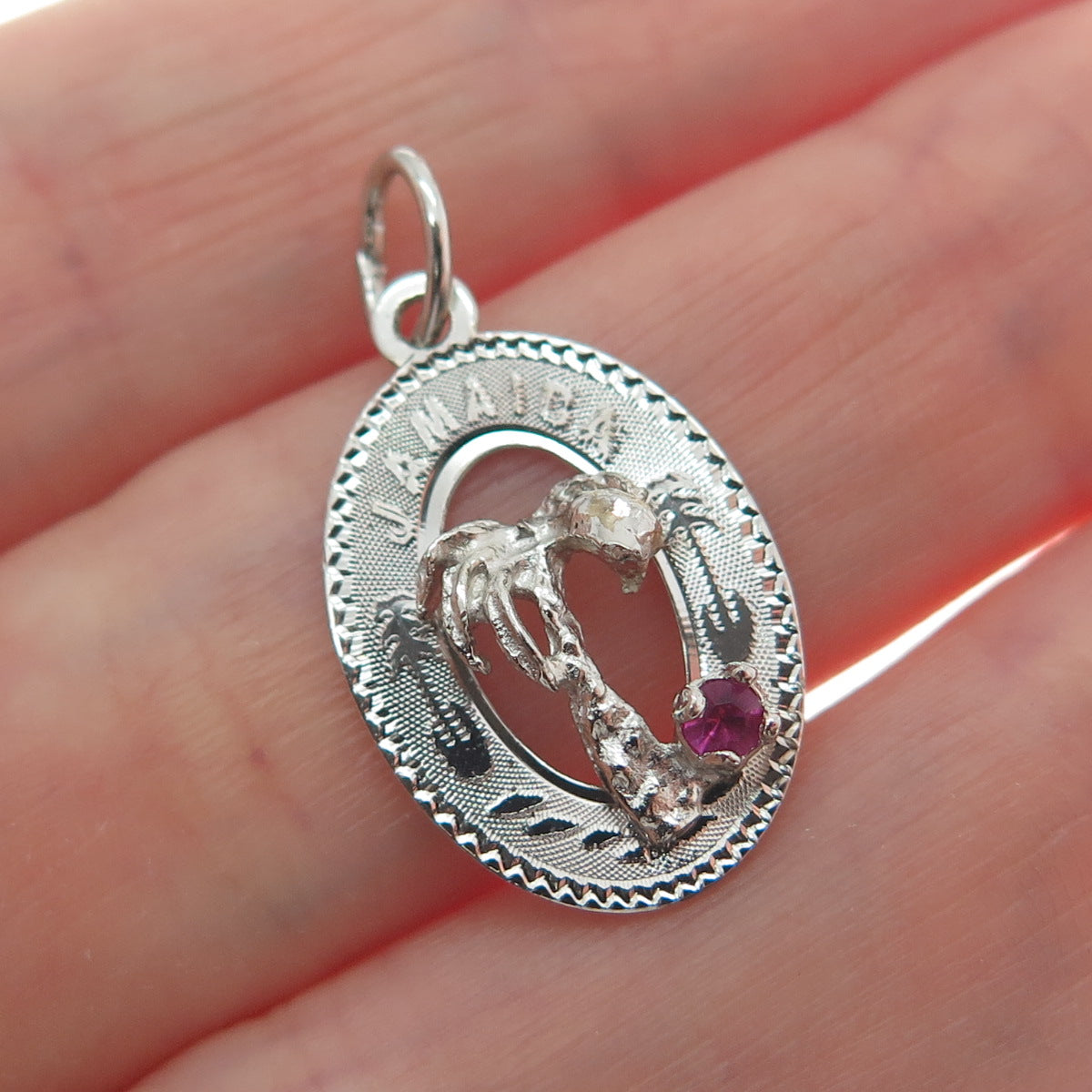 CREA 925 Sterling Silver Vintage Pink Rhinestone Jamaica Palm Minimalist Pendant