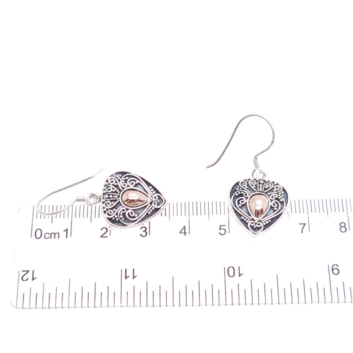 925 Sterling Silver 2-Tone Vintage Granulated Heart Oxidized Dangle Earrings