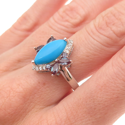 925 Sterling Silver Real Turquoise Peacock Sapphire & White Topaz Ring Size 8