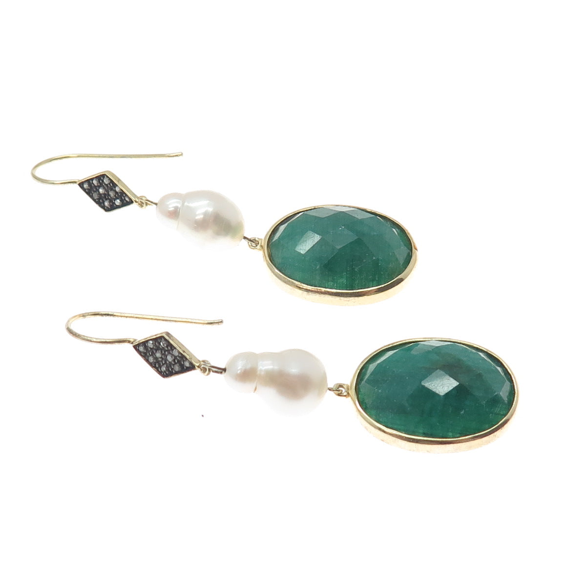 925 Sterling Silver Gold Plated Real Diamond Emerald & Pearl Dangle Earrings